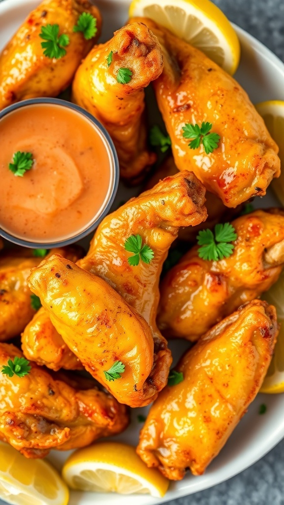 Crispy Lemon Pepper Chicken Wings Recipe Crispy lemon pepper chicken wings garnished with parsley and served with a dipping sauce and lemon wedges.